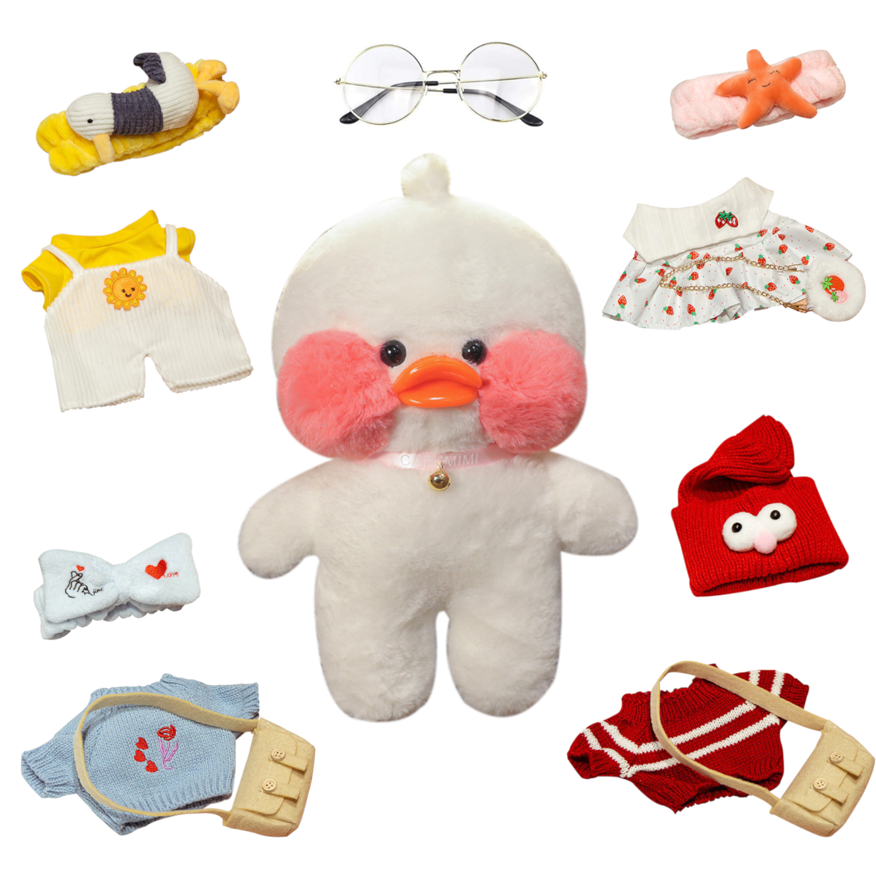 LALAFANFAN Cute Duck Plush with 14 Kawaii Accessories/Clothes , Cute Plushies Kawaii with Glasses, Cute Duck Stuffed Animals , Birthday Gifts for Teen Girls