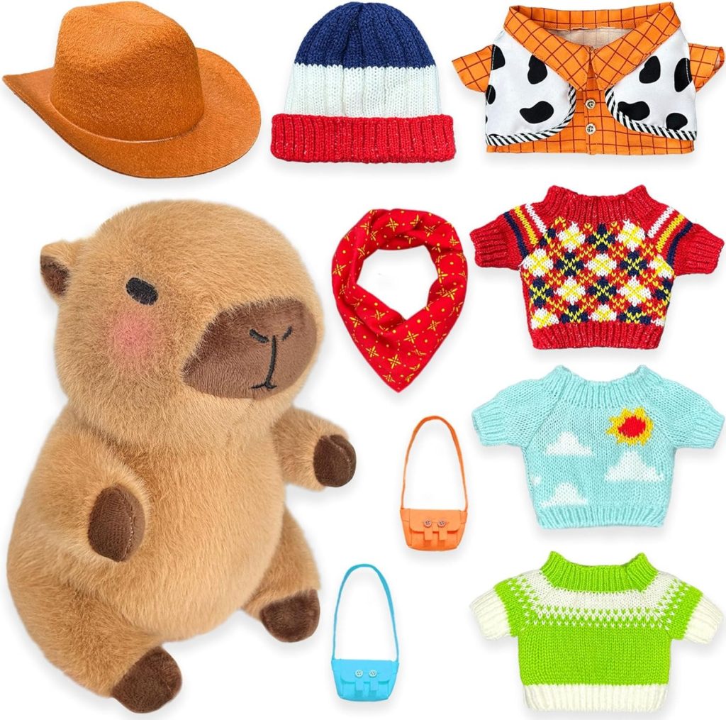 Capybara Plush with 9 pcs Clothes & Accessories, Dress Up Capybara Stuffed Animal plush toys , 10.2 in Cute Plushies for Girl/Boy Birthday or Christmas Gift
