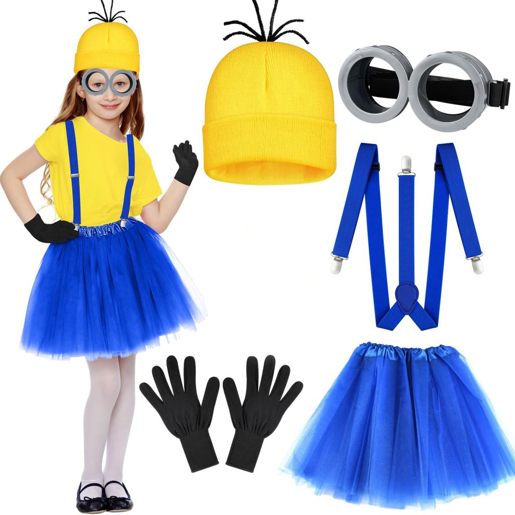 5 Pcs Yellow Cosplay Costume Accessories for Girls Yellow Beanie Blue Tutu Skirt Suspenders Goggles Gloves Costumes