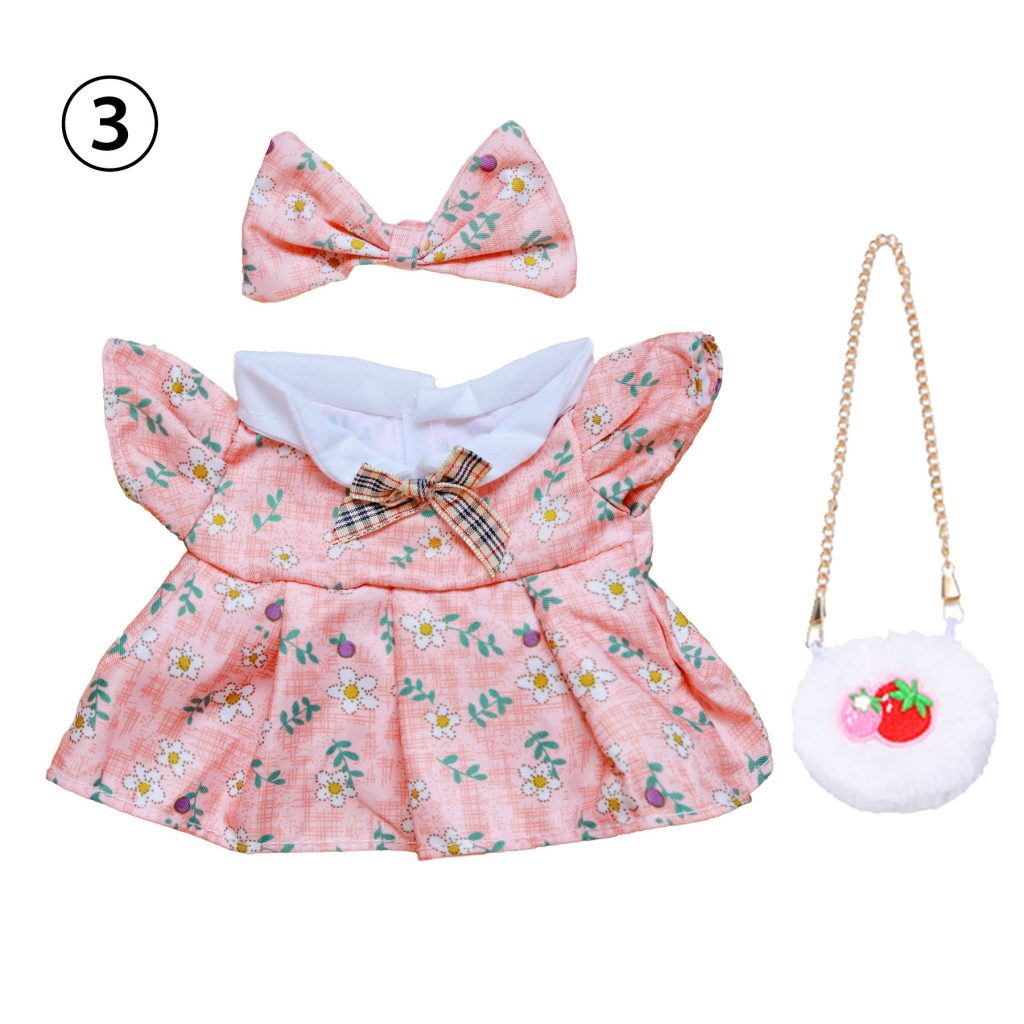 3 Pcs Of Cotton Doll Clothes Sets ,Include Bow+Dress+Bag, fits 20cm Plush Dolls