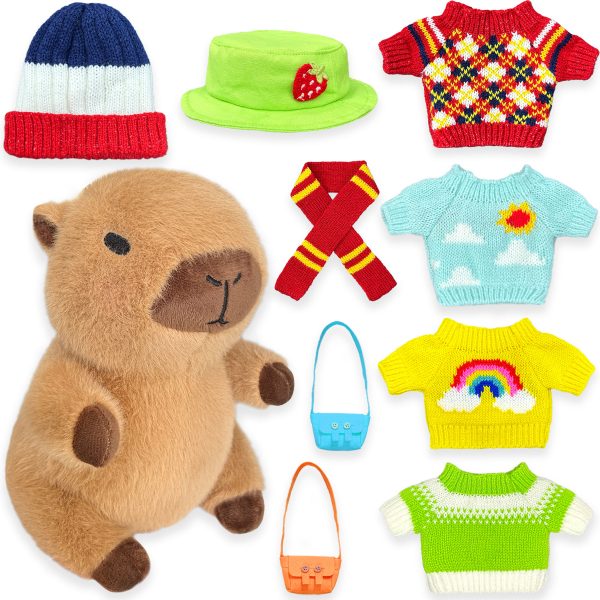 Capybara Plush with 9 pcs Clothes & Accessories, 10.2 in Cute Capybara Stuffed Animal Plush Toys, Dress Up Cute Plushies for Girls/Boys