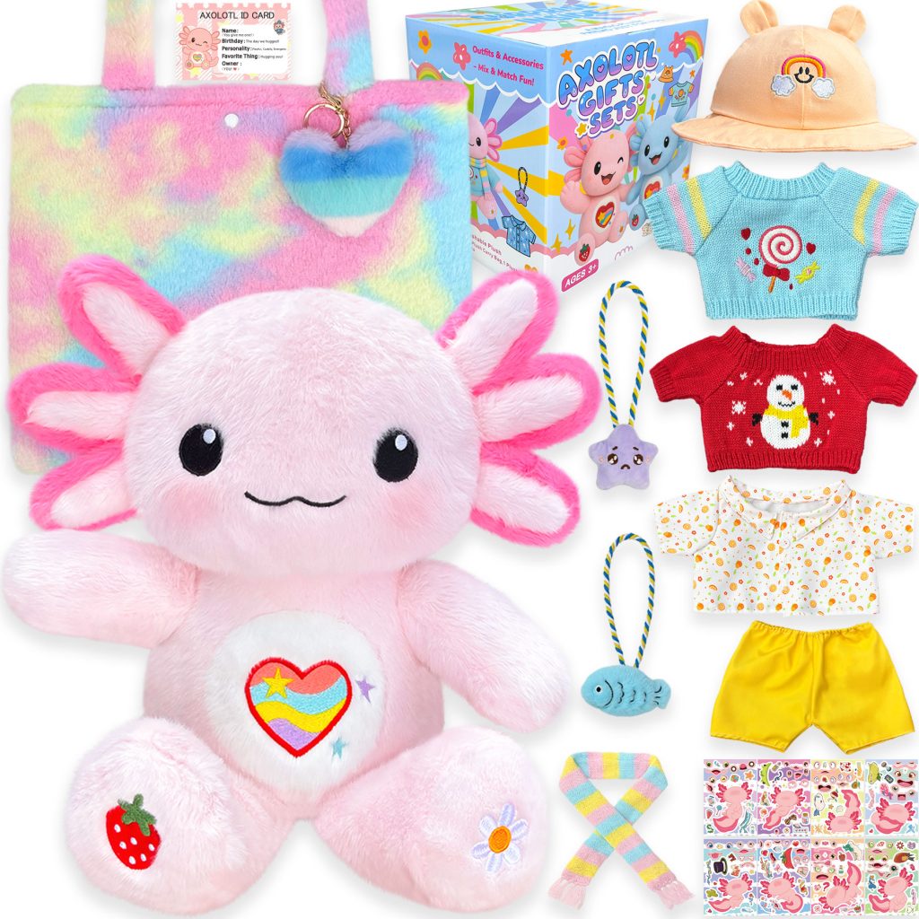 KUMANEKO Cute Axolotl Plush Gift Set with 12 Pcs Axolotl Stuffed Animal Clothes & Accessories, 13-Inch Axolotl Toy, Birthday Gifts for Girls Kids Ages 4-12