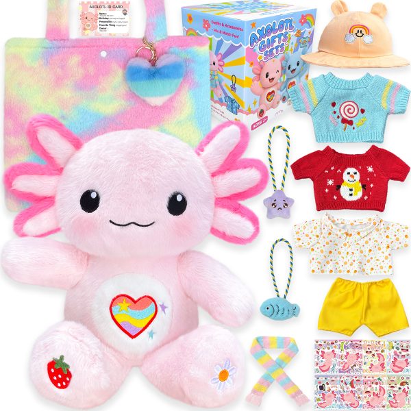 KUMANEKO Cute Axolotl Plush Gift Set with 12 Pcs Axolotl Stuffed Animal Clothes & Accessories, 13-Inch Axolotl Toy, Birthday Gifts for Girls Kids Ages 4-12