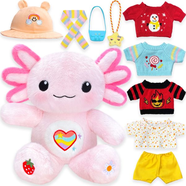 Axolotl Plush with 9 Pcs of Axolotl Stuffed Animal Clothes and Accessories, Axolotl Gifts Ideas for Girls Ages 3 to 12